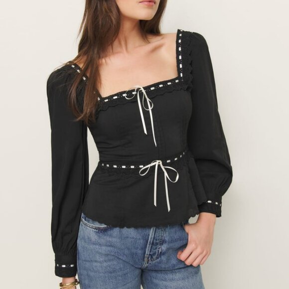 NEW Reformation Haisley Top Blouse Sz2 Black Long Sleeves Lace Cotton Bow - Picture 3 of 7